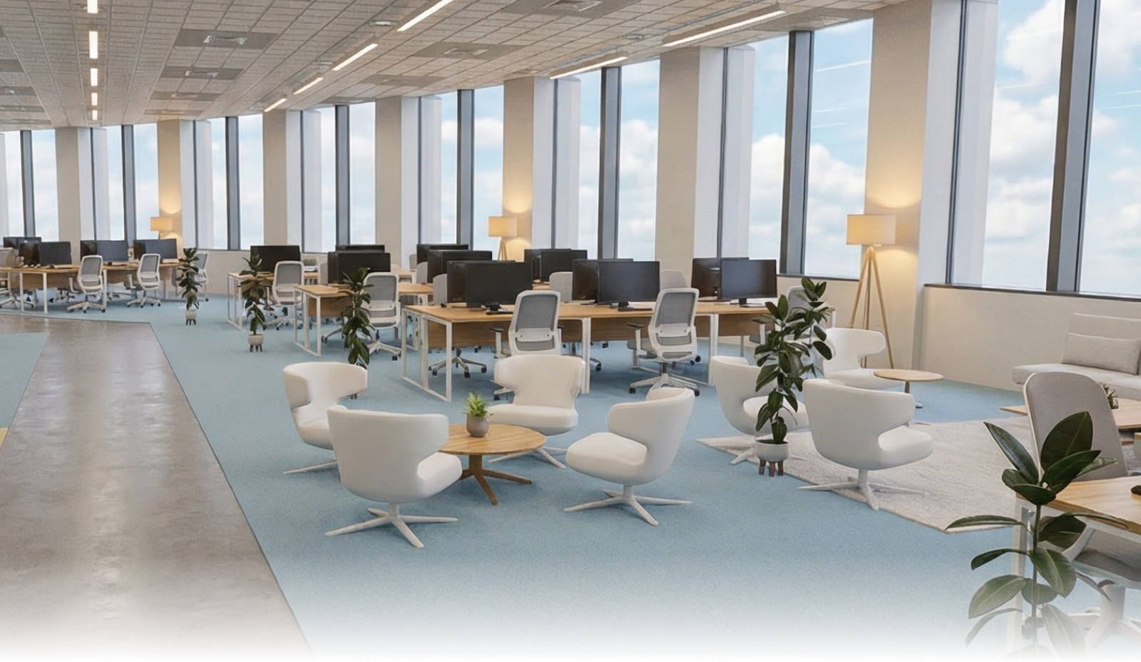 AI-generated photorealistic render of a modern commercial office interior with open workspace and natural lighting for marketing