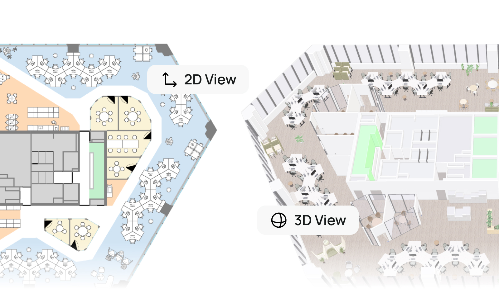 Office floor plan toggling between 2D layout view and immersive 3D visualisation for stakeholder presentations