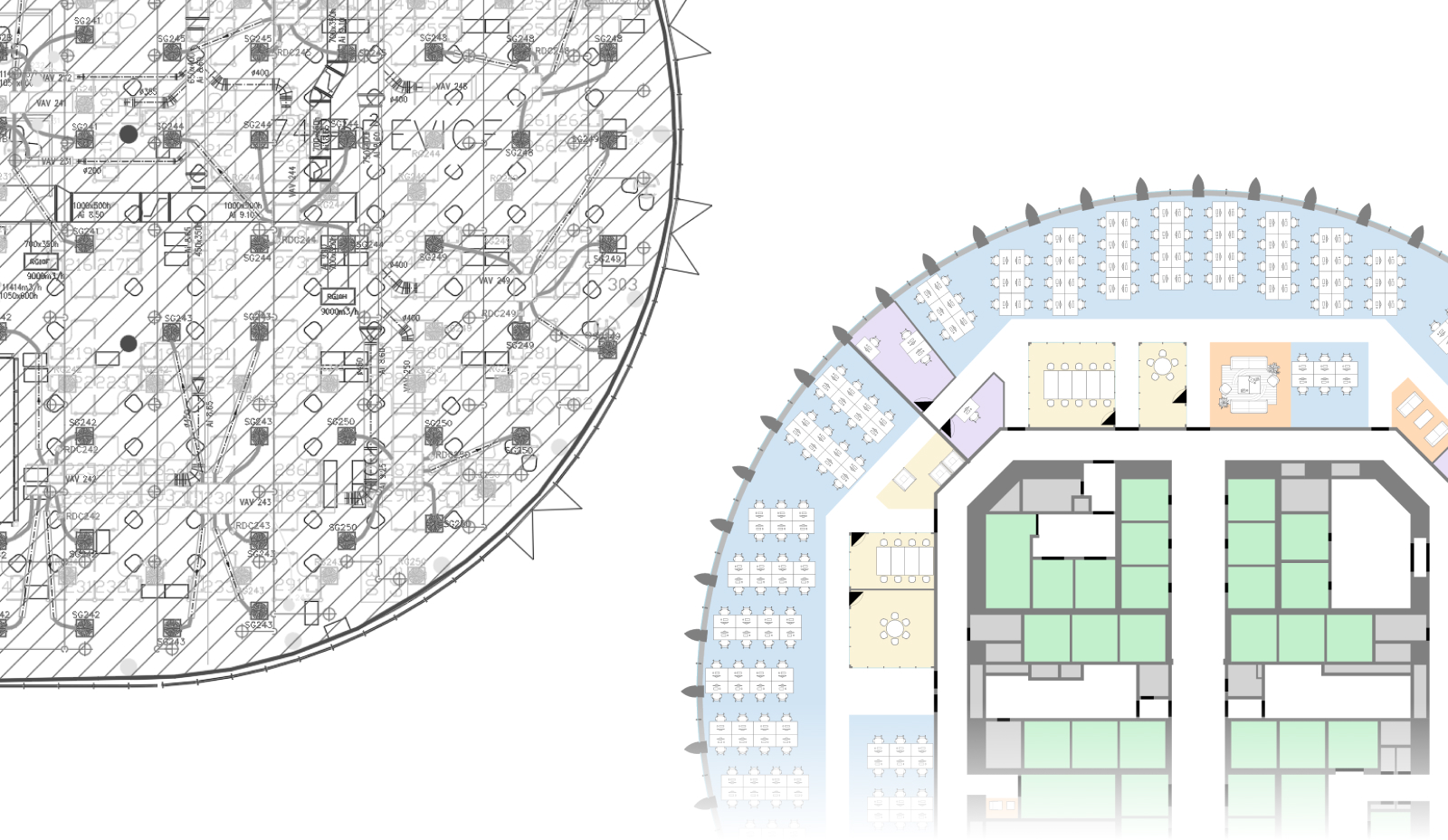 Messy CAD drawing being automatically cleaned and converted into a planning-ready floor plan file for workplace designers