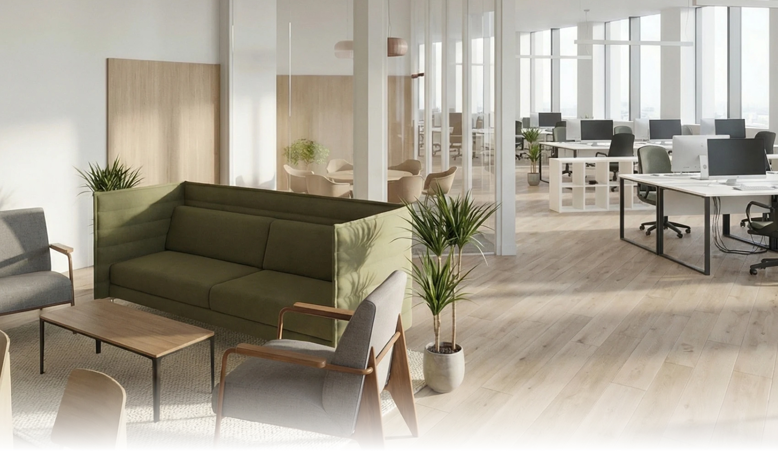 AI-generated photorealistic render of a modern coworking space with open desks and natural light for pre-build listing marketing