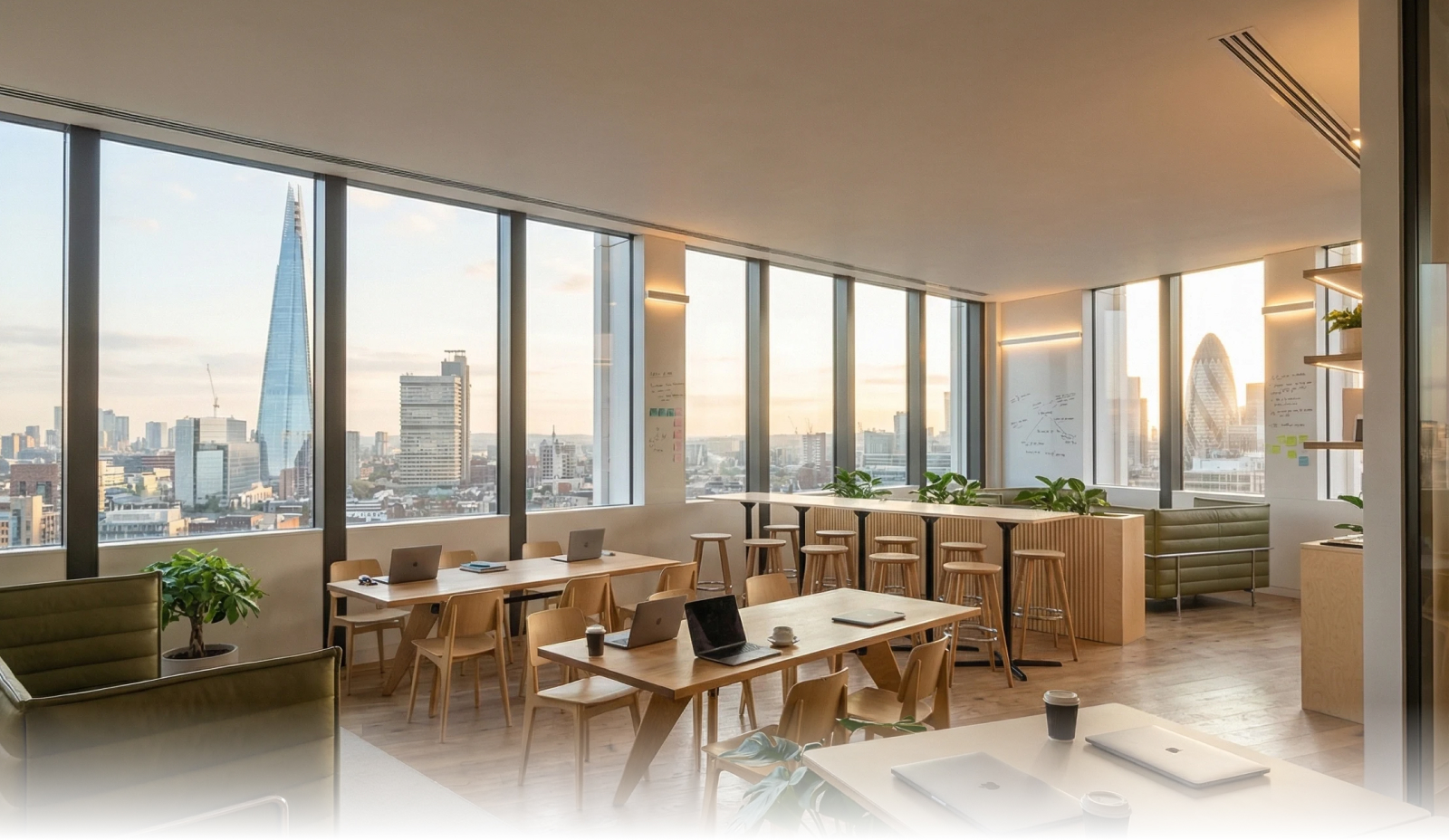 AI-generated photorealistic render of a modern open-plan office interior with natural light and collaborative workspace