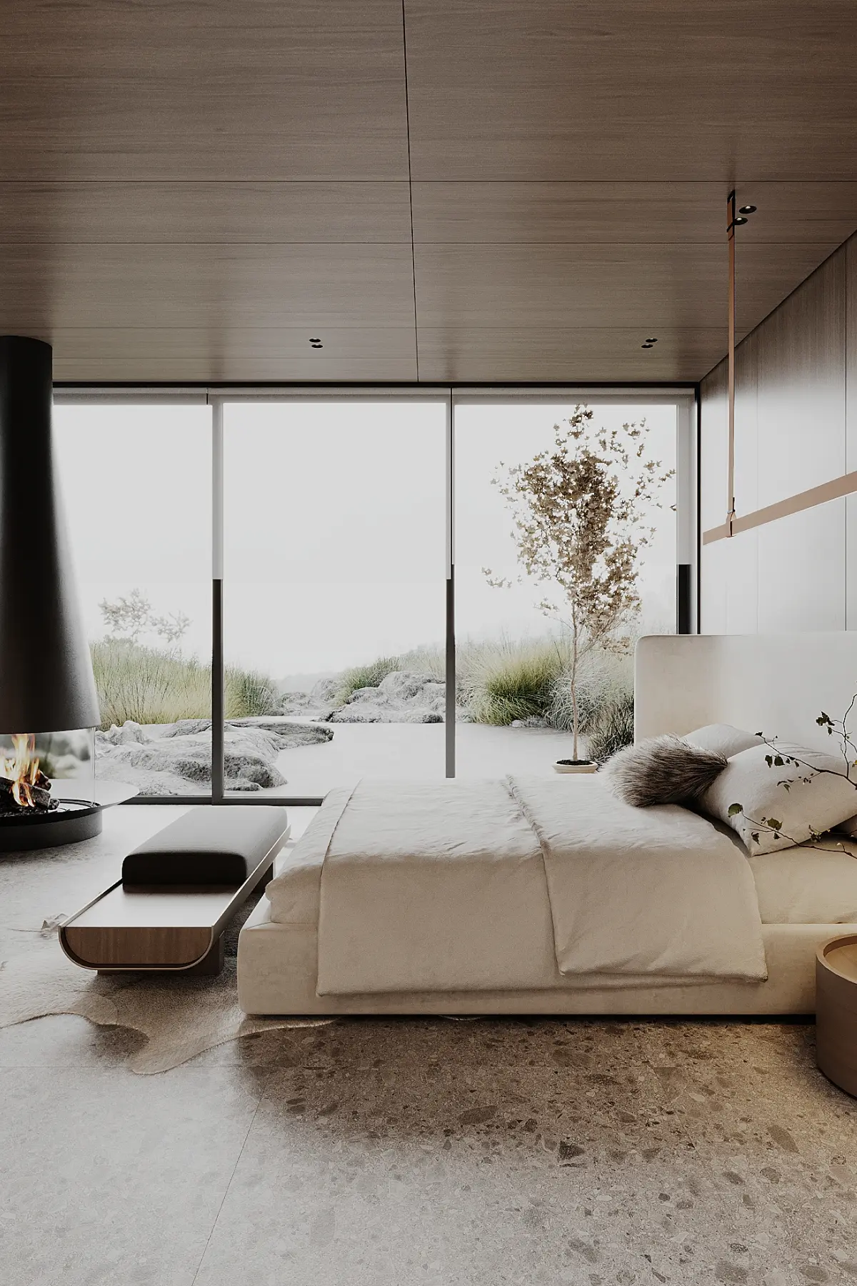 Minimalist bedroom with beige bed, modern fireplace, wooden ceiling, and large glass windows showing an outdoor rocky garden.