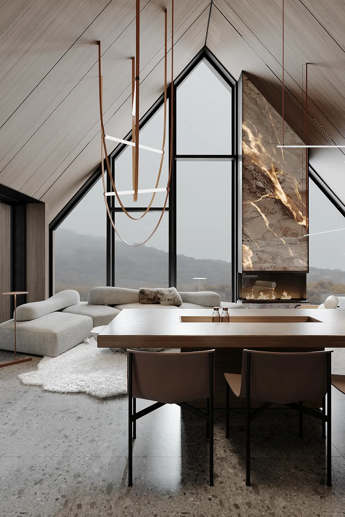 Modern living room with large triangular windows, gray sectional sofa, marble fireplace, wooden table, and pendant lights.