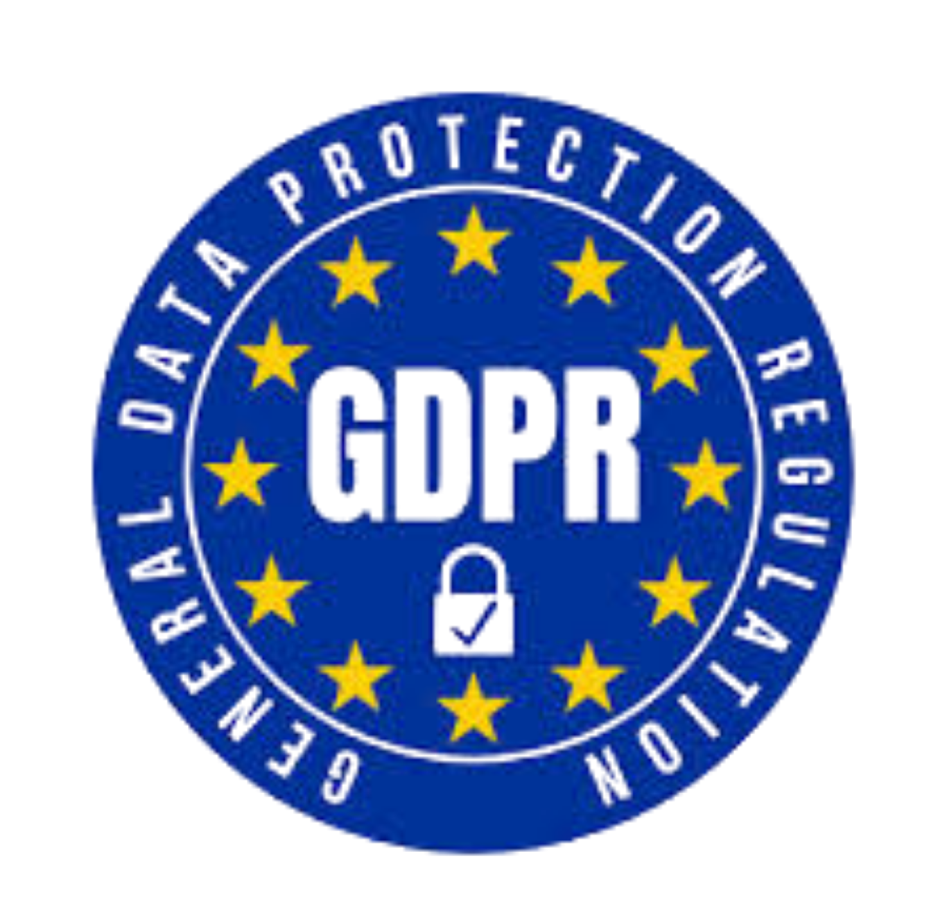 Blue circular emblem with yellow stars forming a circle and the text GDPR with a padlock icon in the center, surrounded by the phrase Data Protection Regulation.