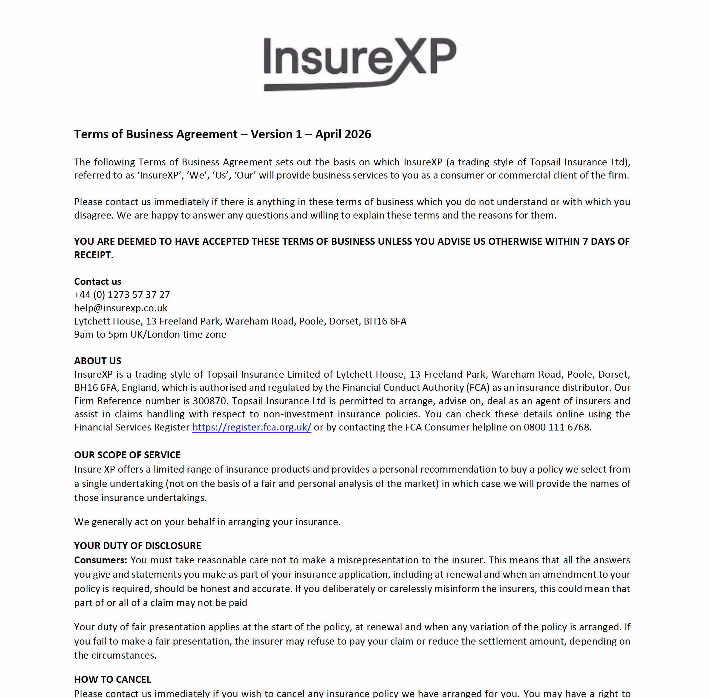 Document for InsureXP's business terms, Version 1.1, April 2026, containing contact information and acceptance terms.