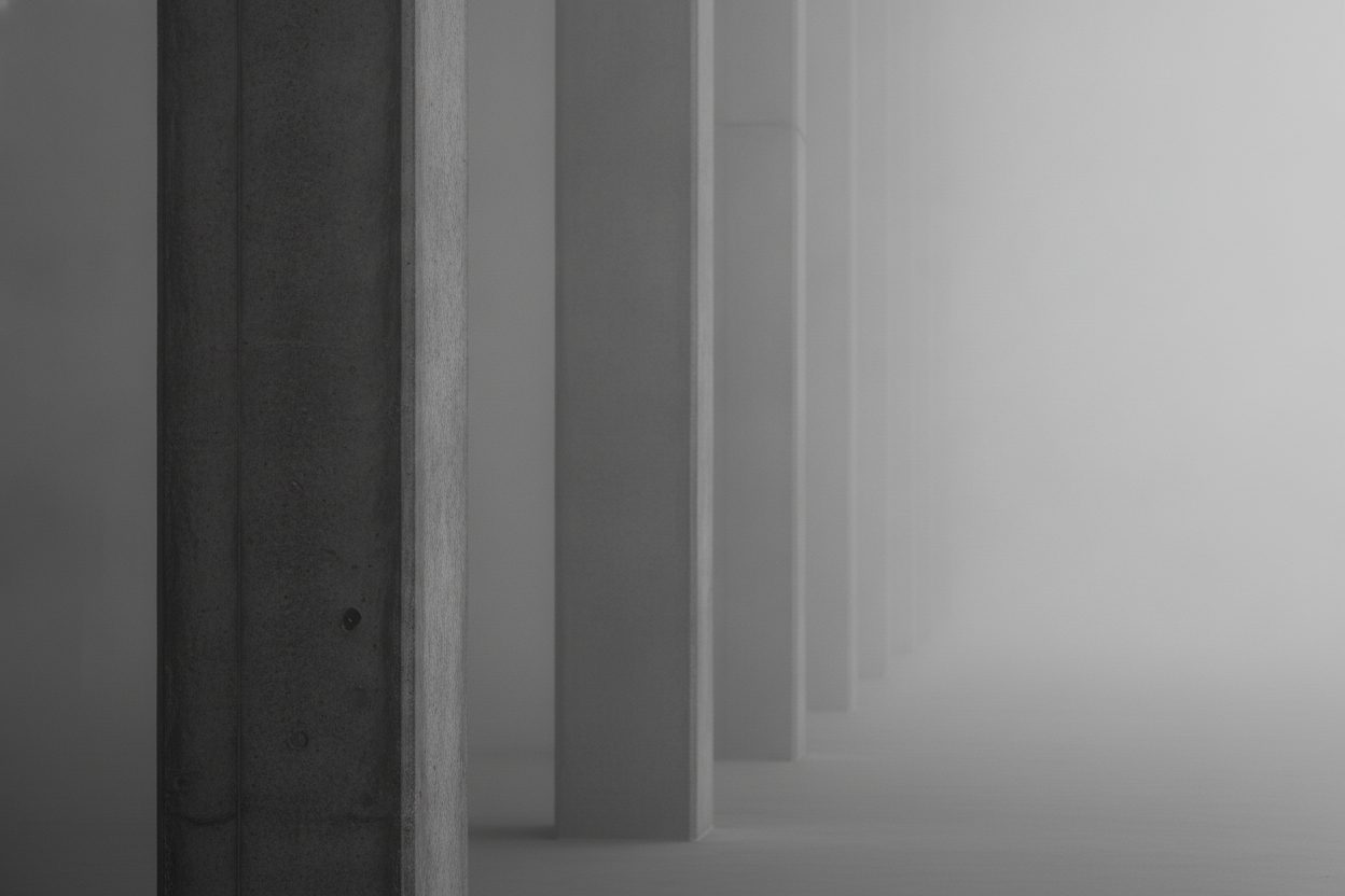 A row of pale concrete columns receding into soft light