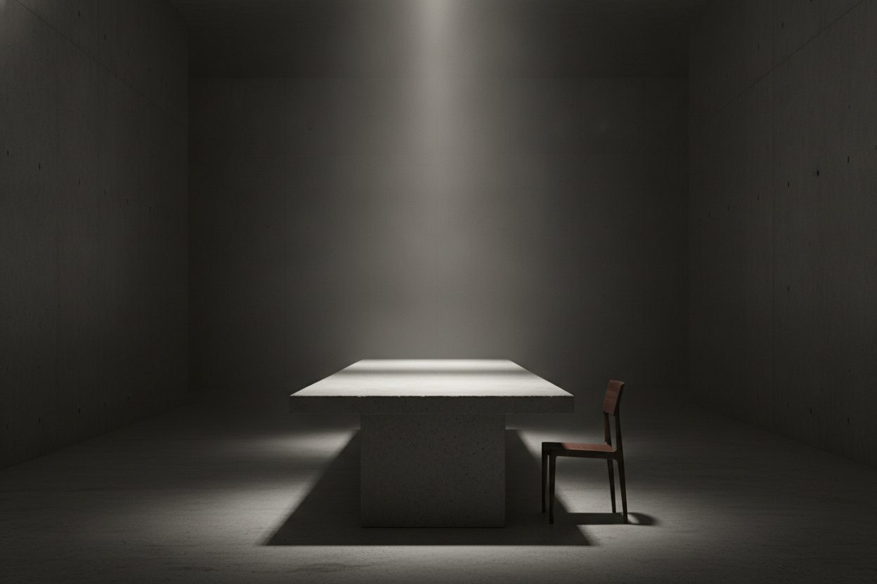A stone table under a single beam of light with one wooden chair beside it