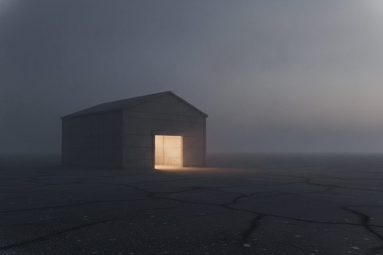 A plain barn on flat land at dusk with warm light in its open door