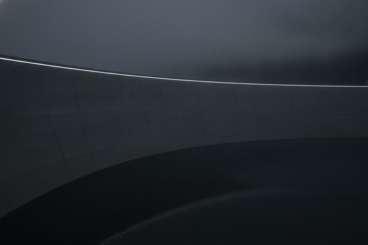 A curved concrete wall with a single line of light along its edge