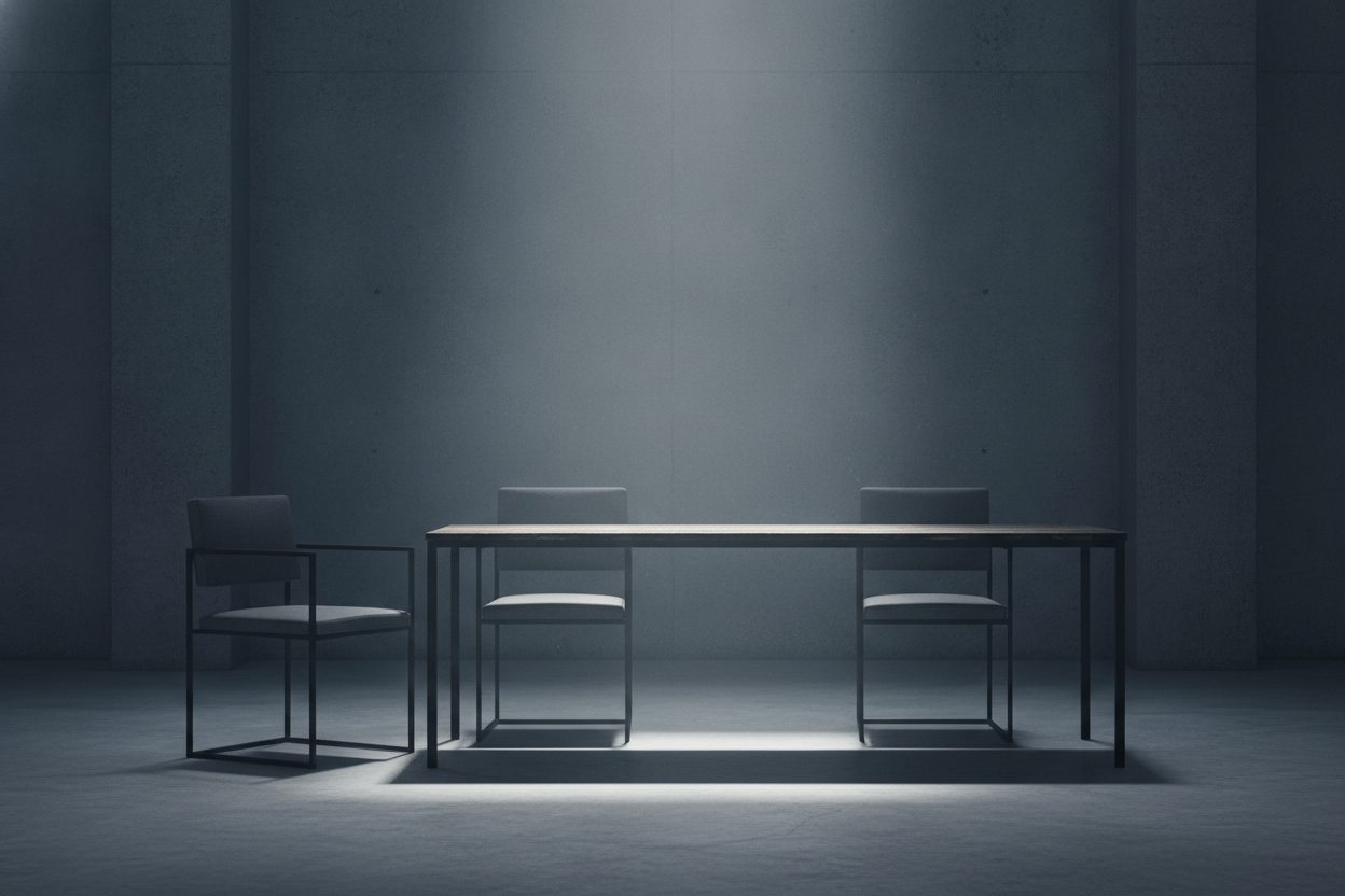 Two chairs at a long table, one of them empty