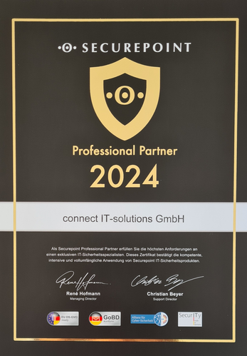 Securepoint Professional Partner 2024 – Zertifikat connect IT-solutions