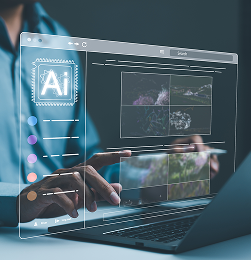 ai image creation technology man use ai software laptop generate images showcasing futuristic user interface screen with visual prompt image generated by artificial intelligence photo