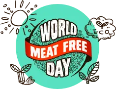 Illustration of Earth with text 'World Meat Free Day' and decorative leaves and beans around.