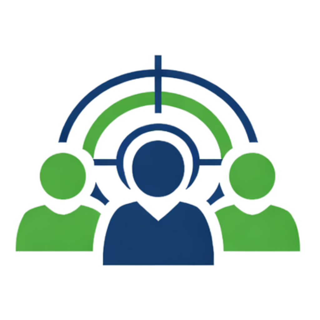 Icon of three people with a central blue figure and two green figures on the sides, connected by arcs and lines symbolizing a network or target audience.