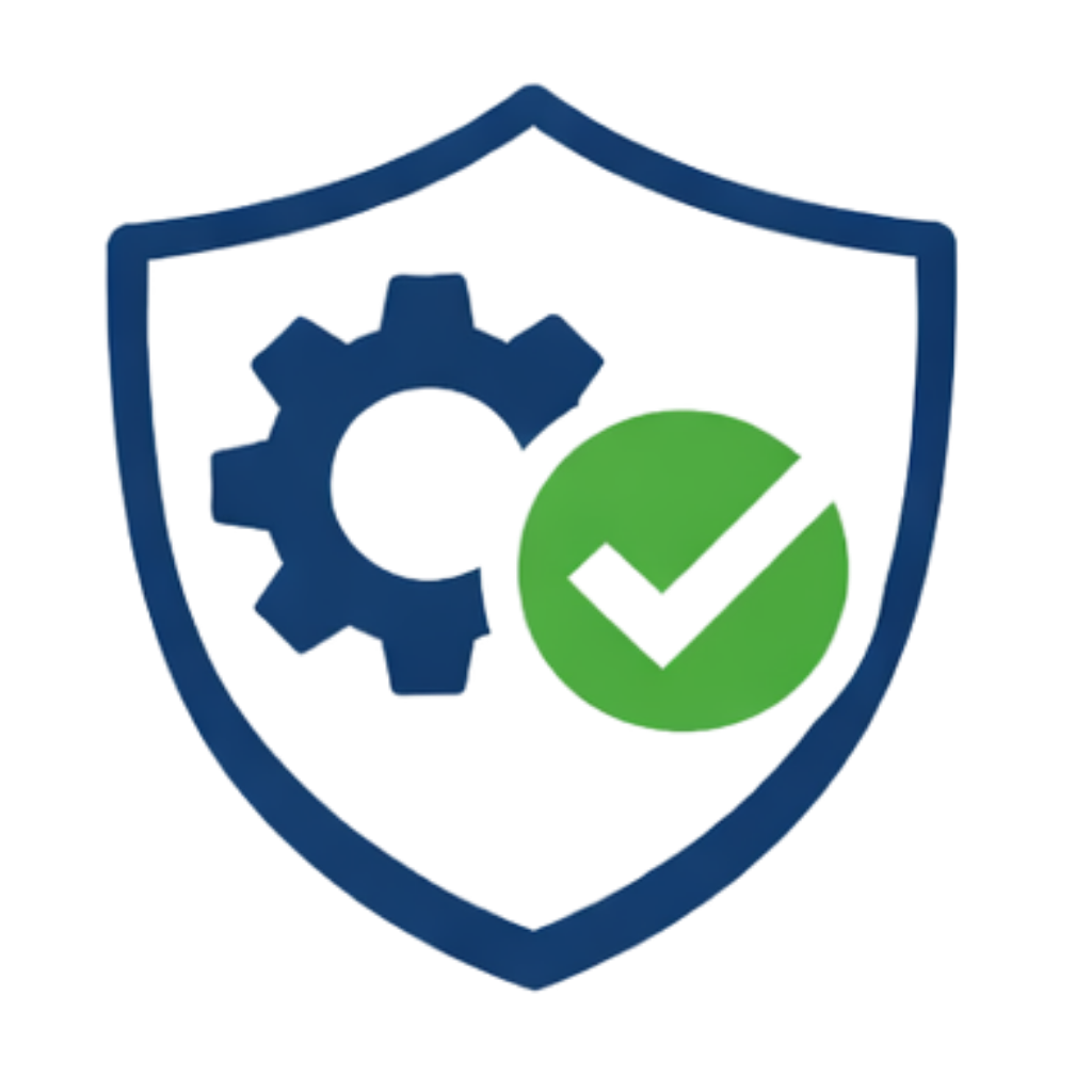 Shield icon containing a blue gear and a green circle with a white check mark.