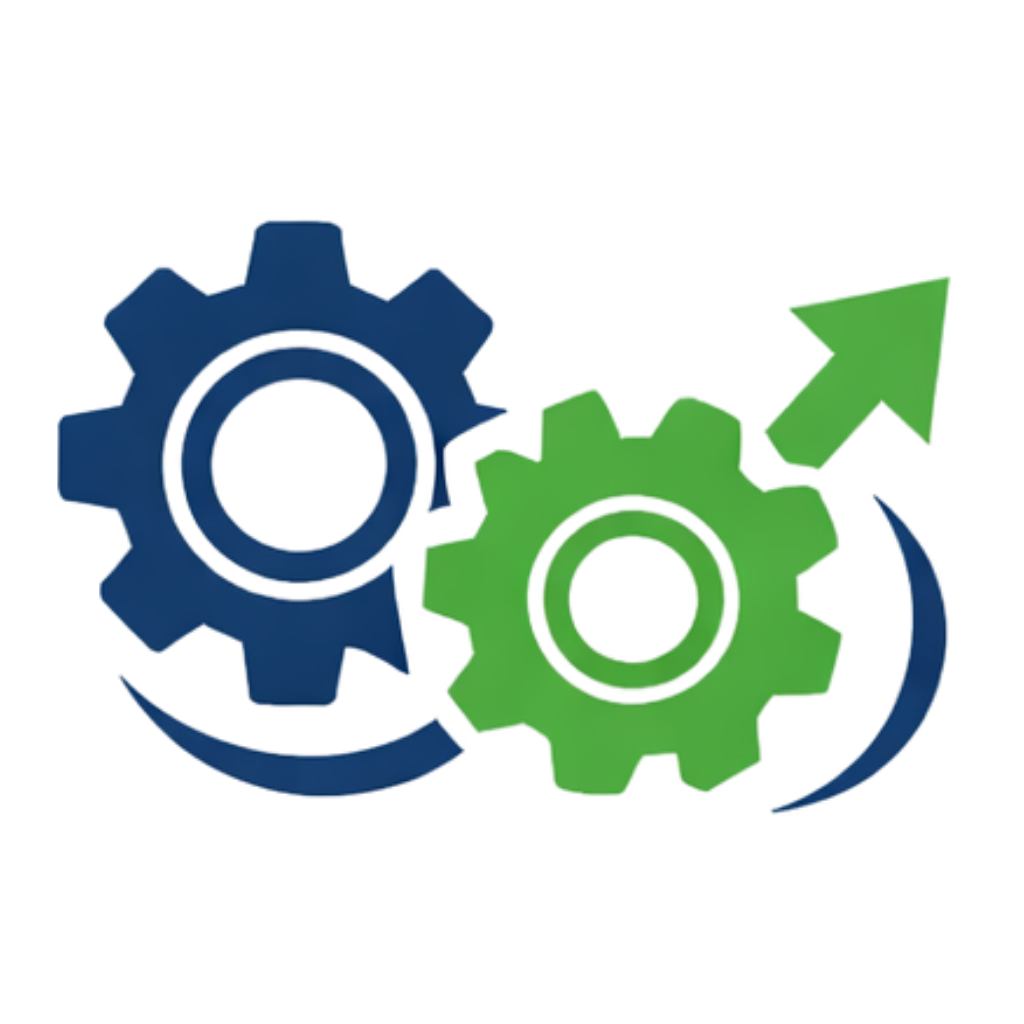 Two interlocking gears with a blue gear on the left and a green gear on the right, featuring a green arrow pointing upwards, symbolizing growth or progress.