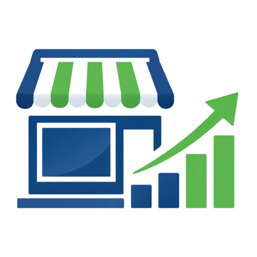 Blue storefront with green and white striped awning beside a green upward-trending bar chart and arrow indicating business growth.
