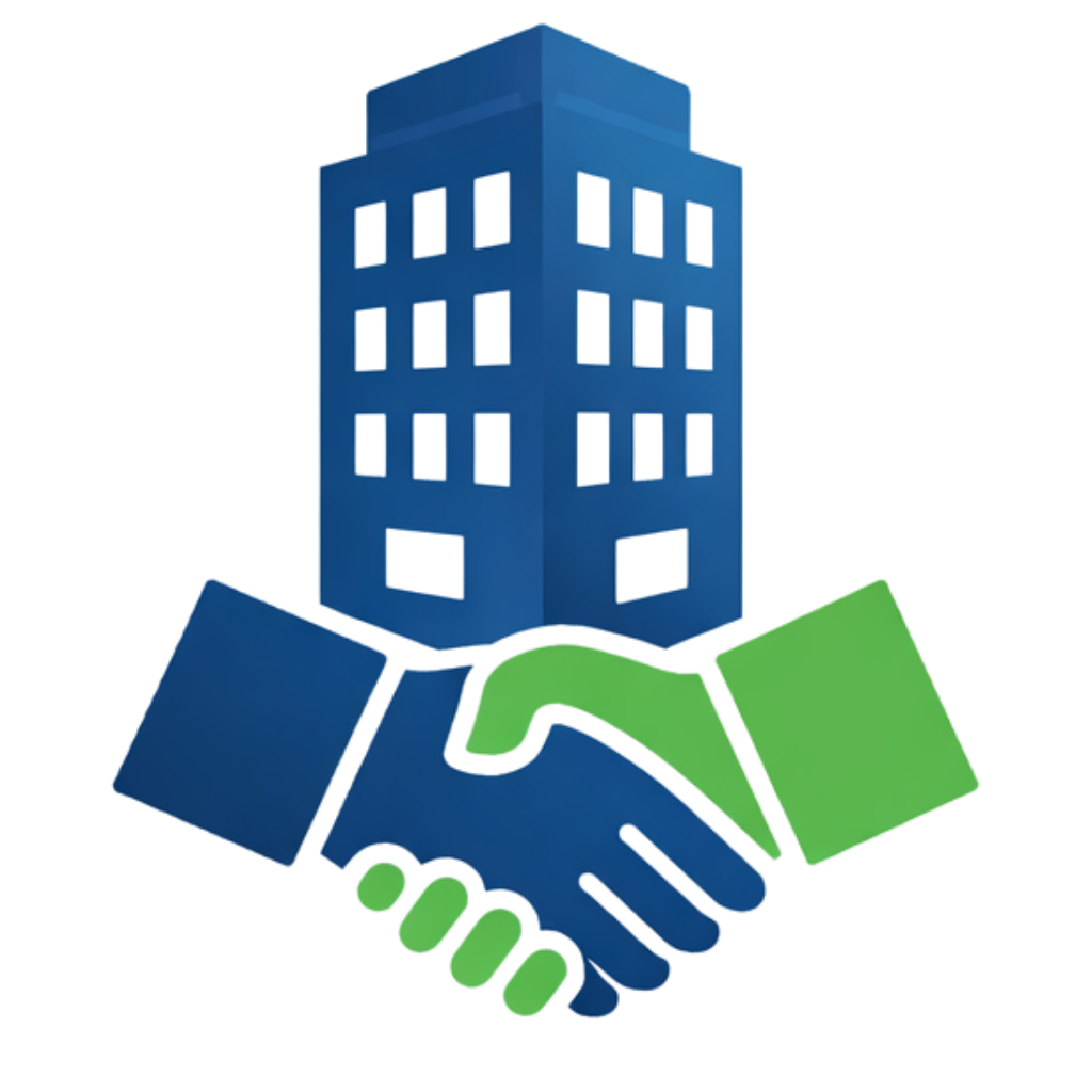 Blue and green hands shaking in front of a blue office building icon.