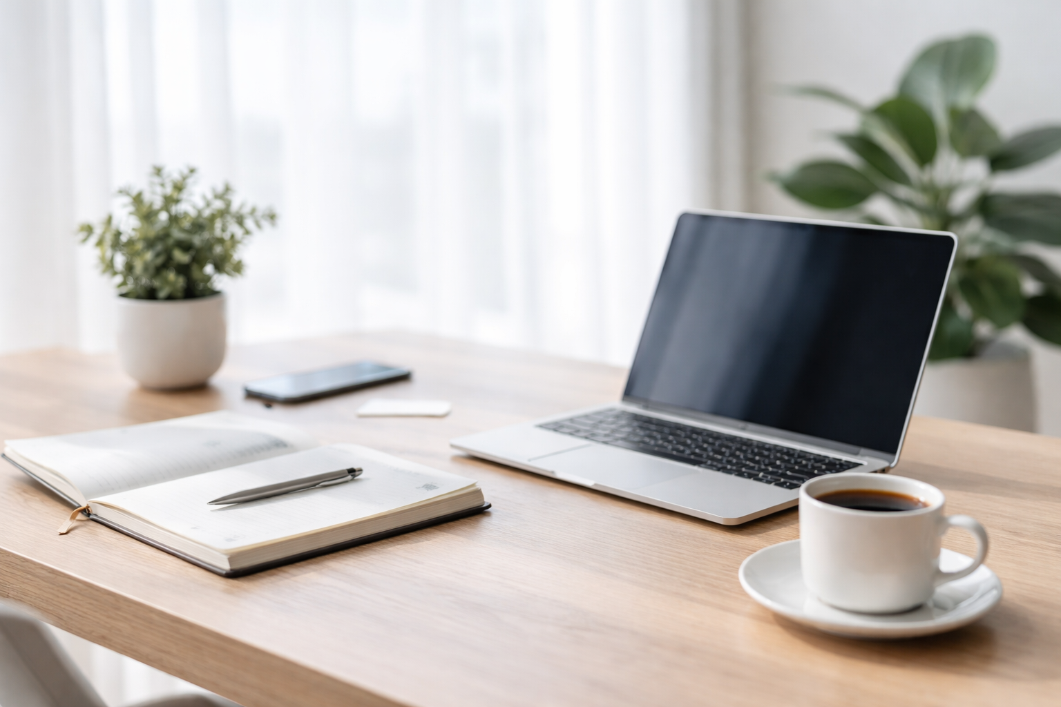 Minimalist wooden desk with an open notebook, silver pen, smartphone, laptop, and a cup of coffee, with potted plants in the background.