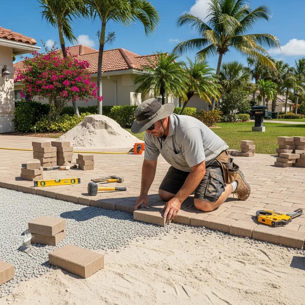 Professional installing pavers on a Florida driveway