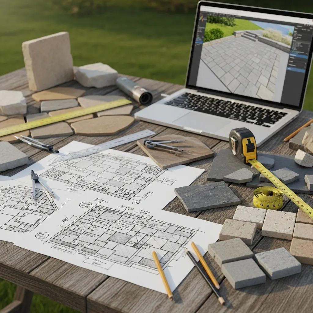 Creative process of designing a custom stone patio with materials and tools