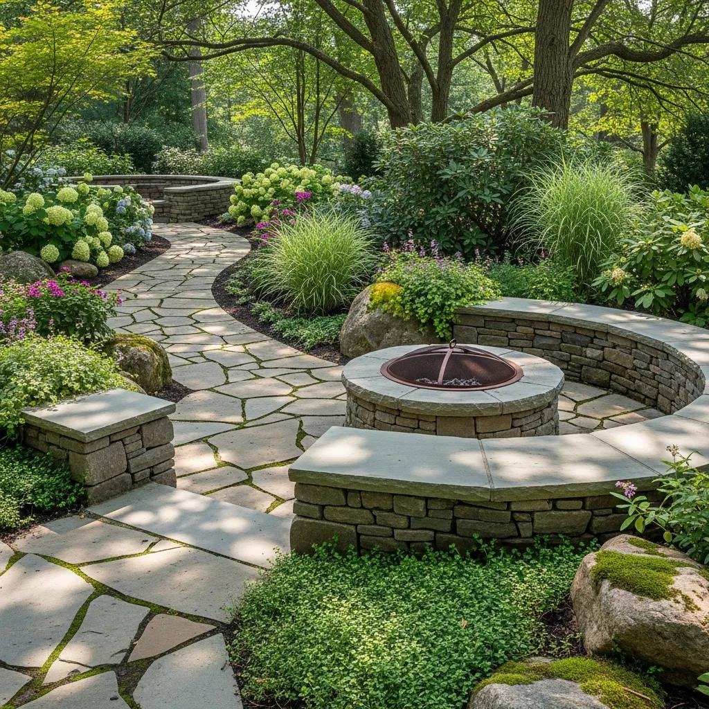 Integrated stone features in a landscaped garden with a walkway and fire pit