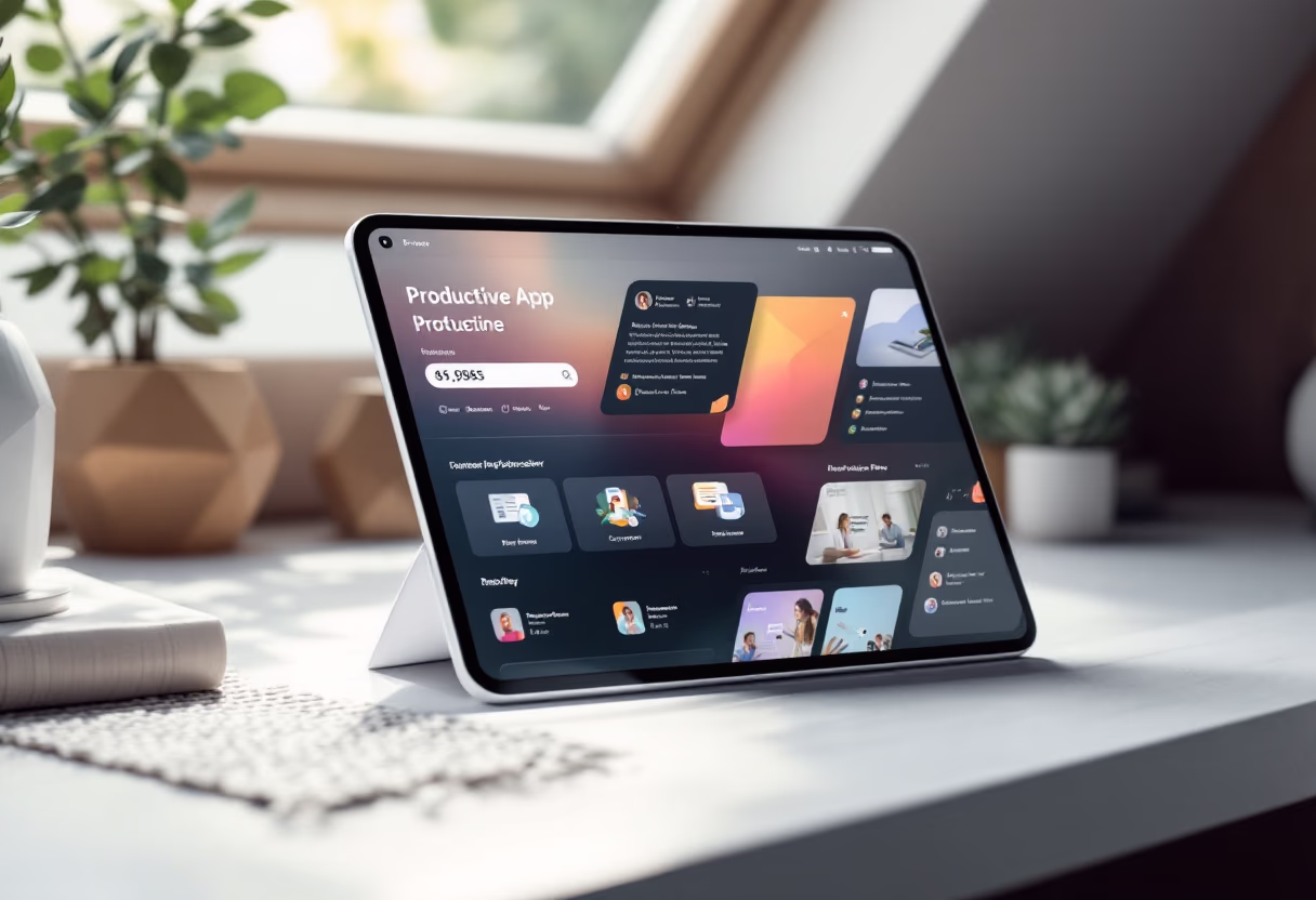 [digital project] image of a mobile device with a productivity app on a cozy office desk for a productivity tools business