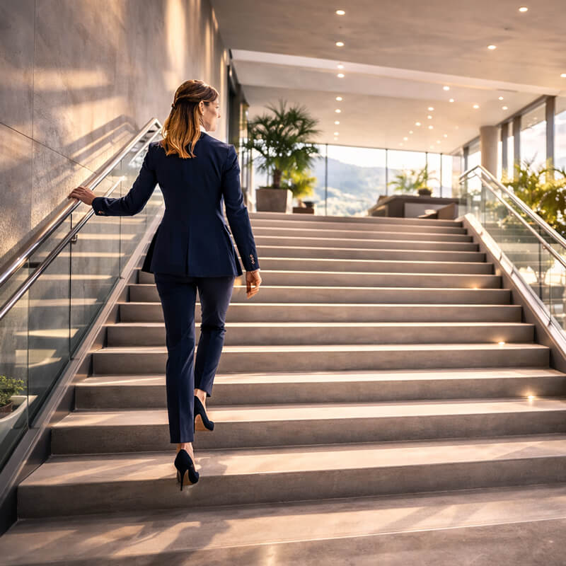 Geschäftsfrau in dunkelblauem Anzug geht eine moderne, gut beleuchtete Treppe mit Glasgeländer hinauf.