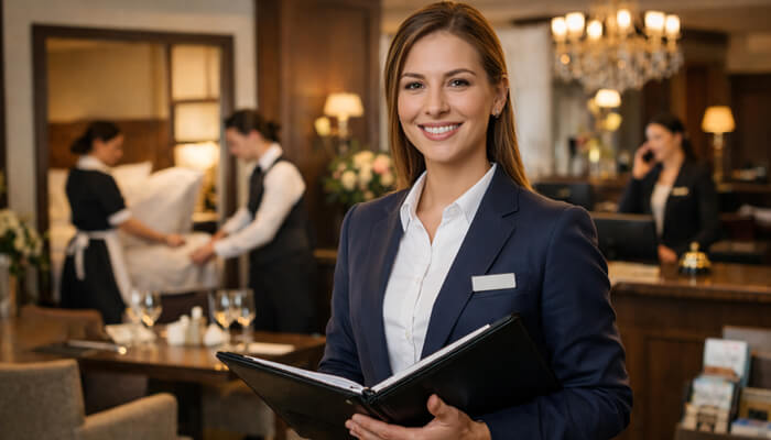 Lächelnde Hotelmanagerin in Blazer hält einen Ordner in einem stilvollen Hotel mit Personal im Hintergrund.