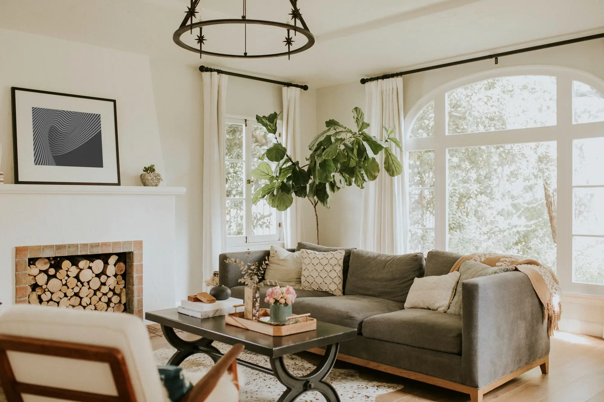 Salon lumineux avec canapé gris, grande plante verte, table basse noire et cheminée avec des bûches empilées.