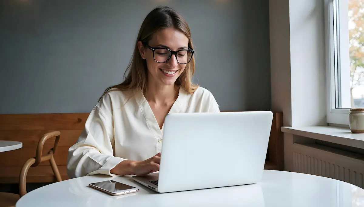 Jeune femme souriante portant des lunettes, travaillant sur un ordinateur portable à une table blanche avec un smartphone à côté.