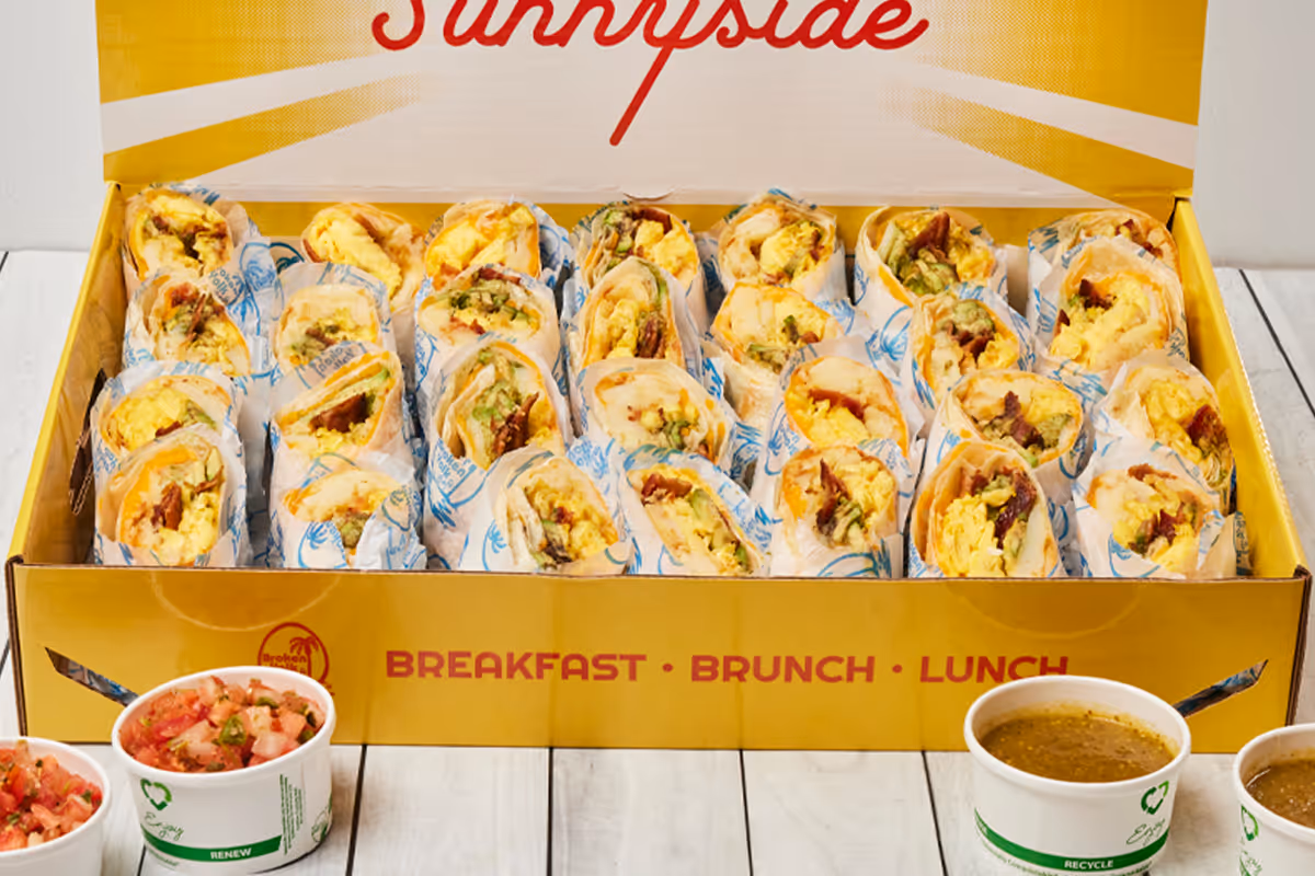 Scrambled eggs, cheddar cheese, home fries and avocado wrapped in a flour tortilla. Served with salsa fresca and salsa verde. Small and large box options available.‍