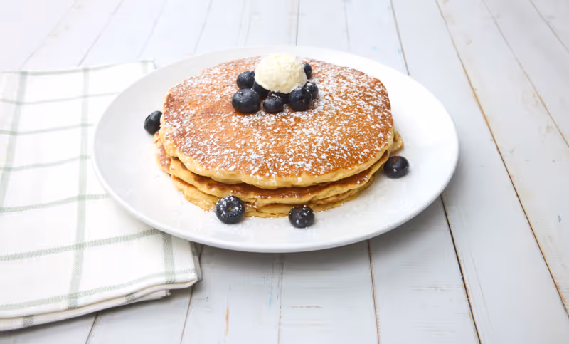 Fluffy, golden buttermilk pancakes made using fresh, baked-in blueberries. Made to order.