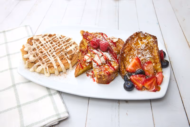 One slice of Tiki Toast, one slice of Crunchy French Toast, and one Cinna-Cake.