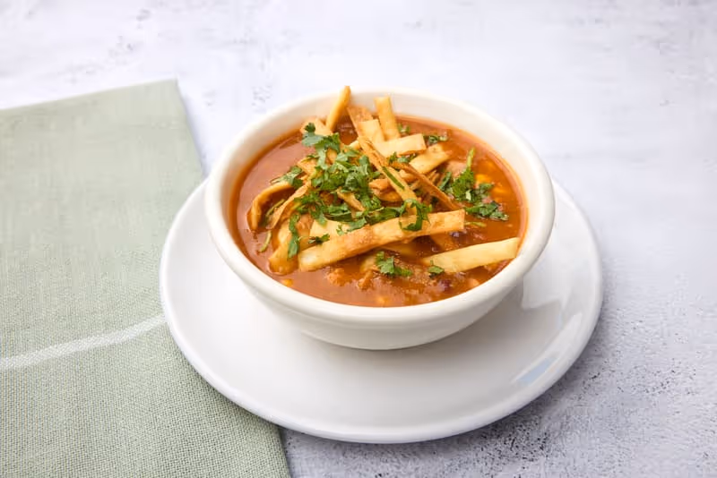 Topped with tortilla strips and cilantro.