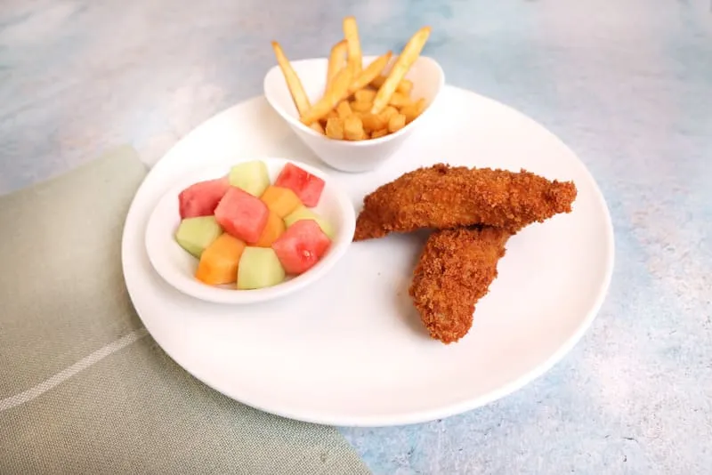 Two chicken strips with your choice of two sides and a drink.
