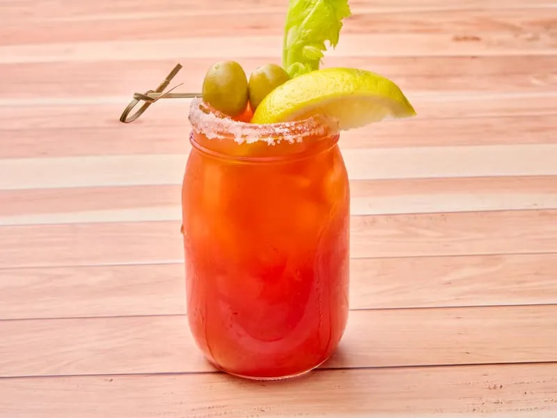 Wine-based vodka alternative. Clamato juice, lemon juice, salt rim.