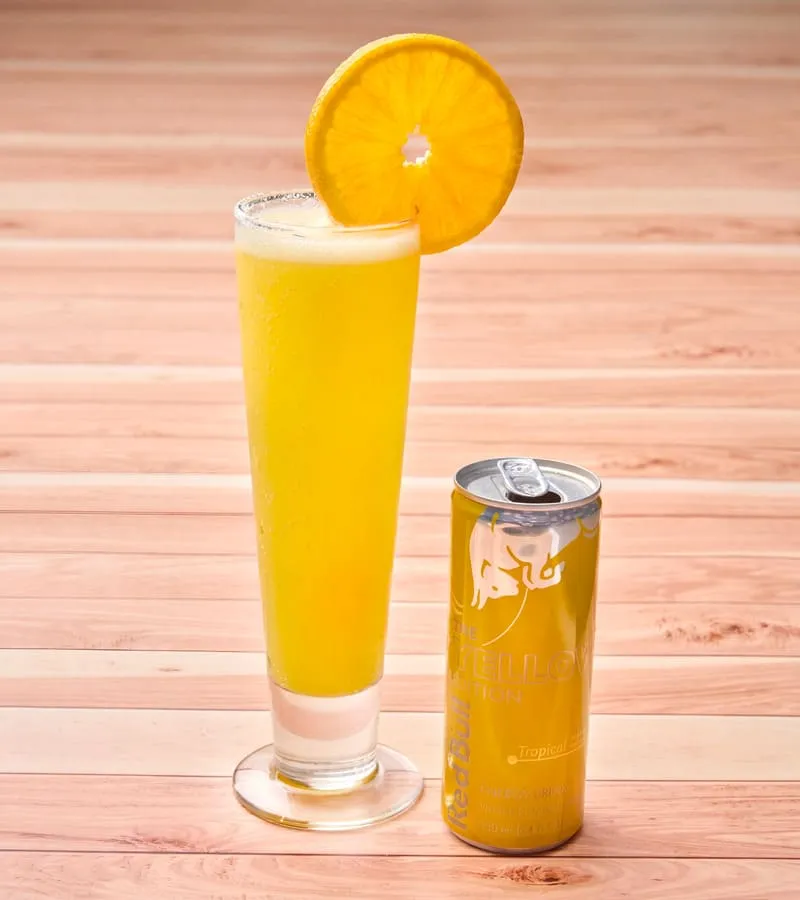 Red Bull Yellow Edition (Tropical), Wycliff Sparkling, orange juice.