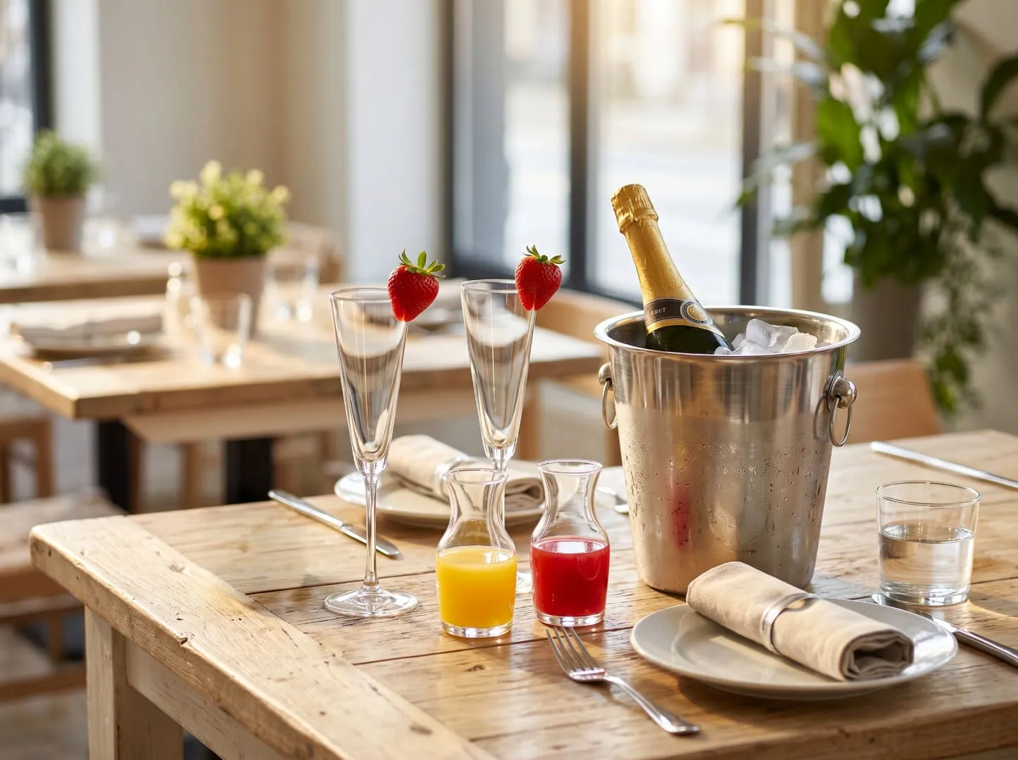 Wycliff Sparkling or La Marca Prosecco with two mixers: orange juice, pomegranate juice, cranberry juice, grapefruit juice, or lemonade.