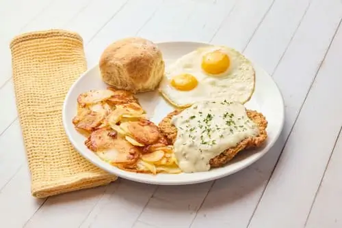 Chicken-friend steak, housemade country gravy and eggs any style.