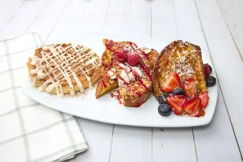 One slice of Tiki Toast, one slice of Crunchy French Toast, and one Cinna-Cake.