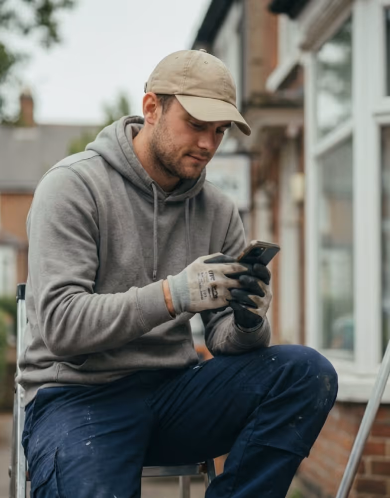 Man wearing a beige cap, gray hoodie, and work gloves sitting on a ladder outdoors using a smartphone.