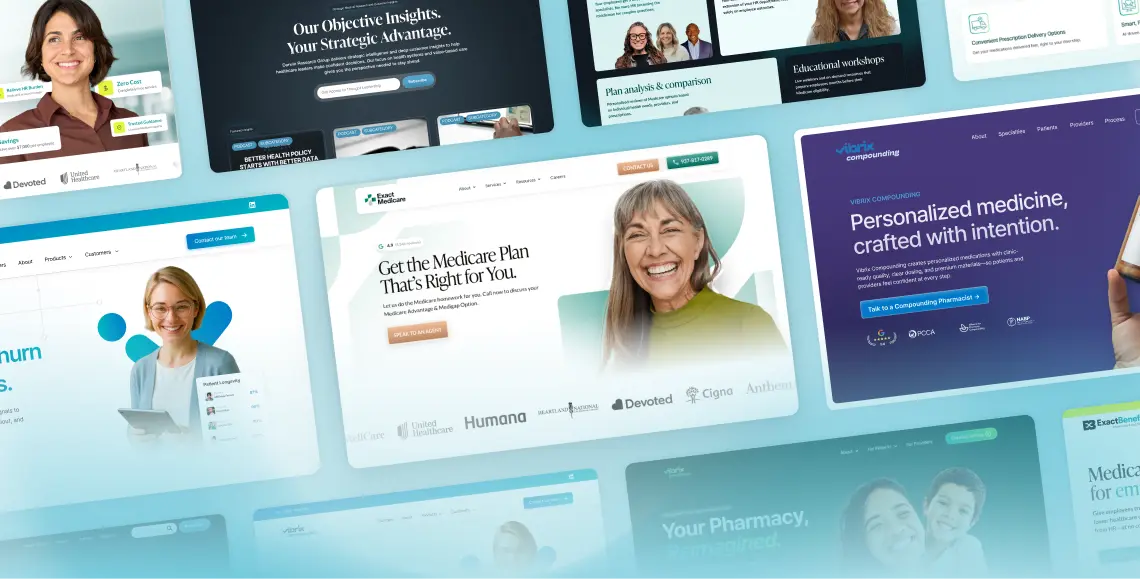 Collage of website screenshots featuring smiling people and healthcare-related content, including Medicare plans and personalized medicine.