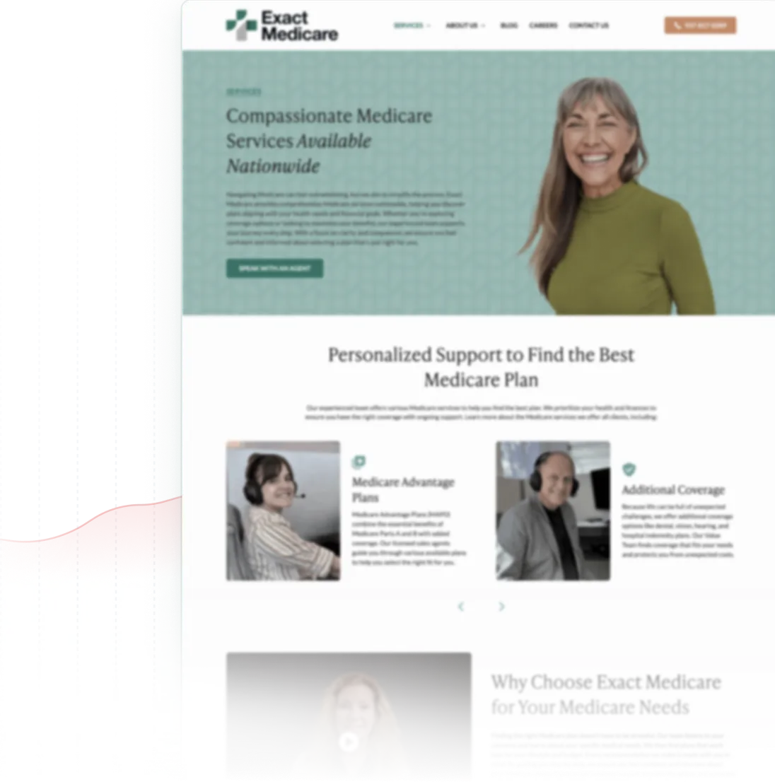 Screenshot of Exact Medicare website homepage with a smiling woman on the right and sections describing compassionate Medicare services and personalized support for Medicare plans.