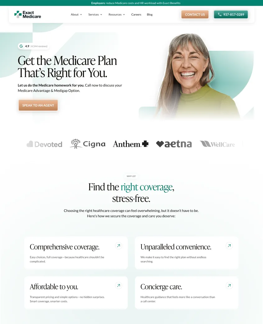 Exact Medicare homepage featuring a smiling older woman, headline promoting Medicare plans, trusted provider logos, and benefits like comprehensive coverage and concierge care.