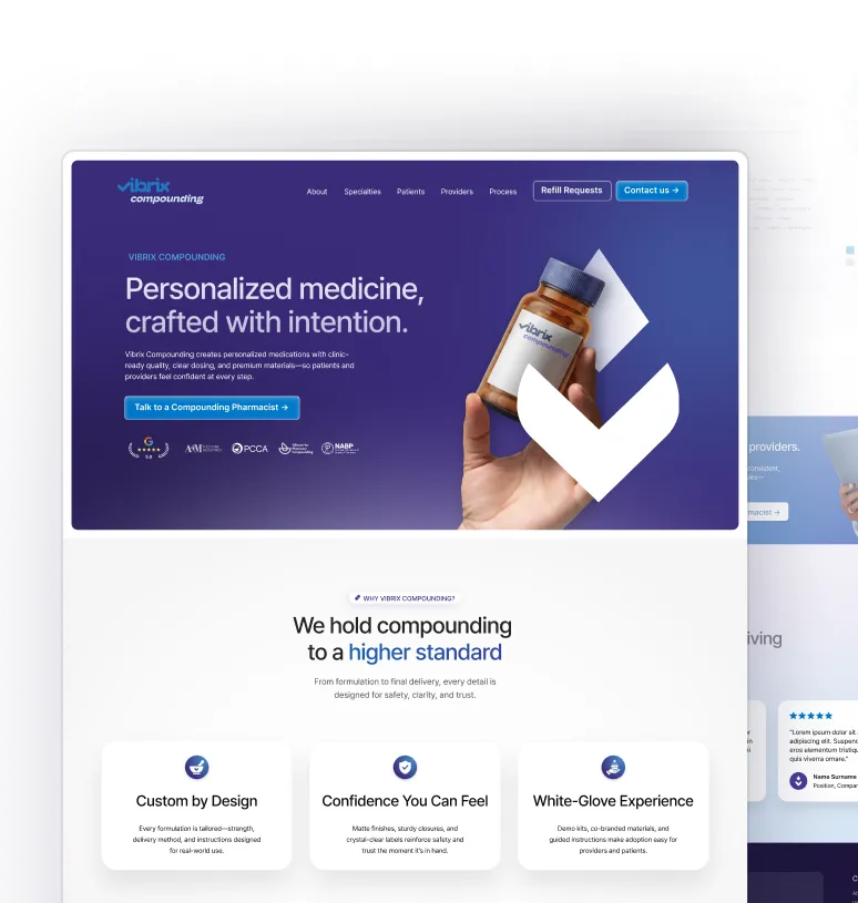 Website homepage for Vibrx Compounding showcasing personalized medicine with a hand holding a prescription bottle and descriptions of custom design, confidence, and white-glove experience.