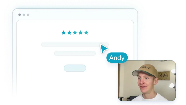 Illustration of a web page with a five-star rating and a cursor hovering over a comment bubble labeled 'Andy,' alongside a video call window showing a young man wearing a beige cap in a room.