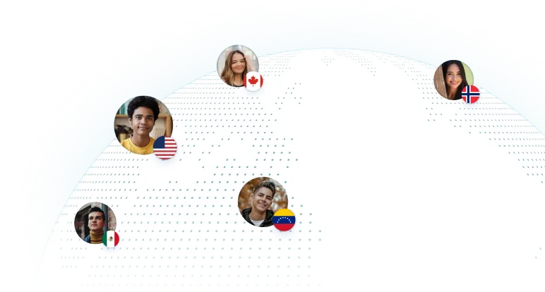 Globe with five profile photos connected by dotted lines, each paired with a different country flag: United States, Canada, Norway, Mexico, and Venezuela.