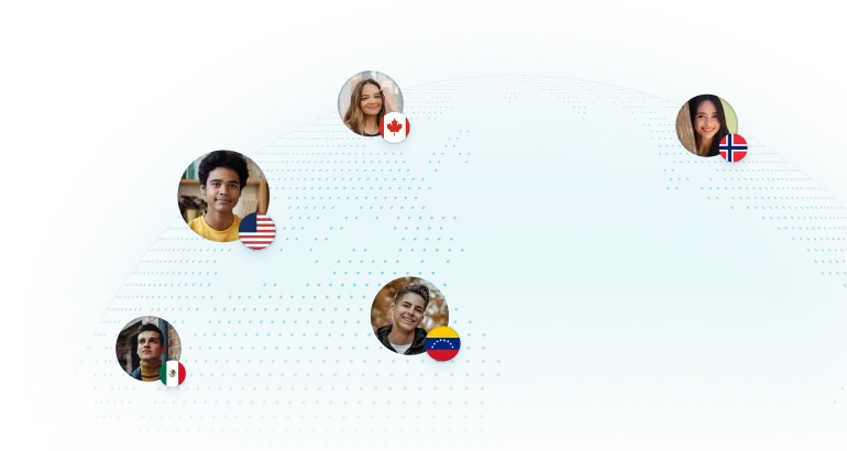Globe with five profile photos connected by dotted lines, each paired with a different country flag: United States, Canada, Norway, Mexico, and Venezuela.