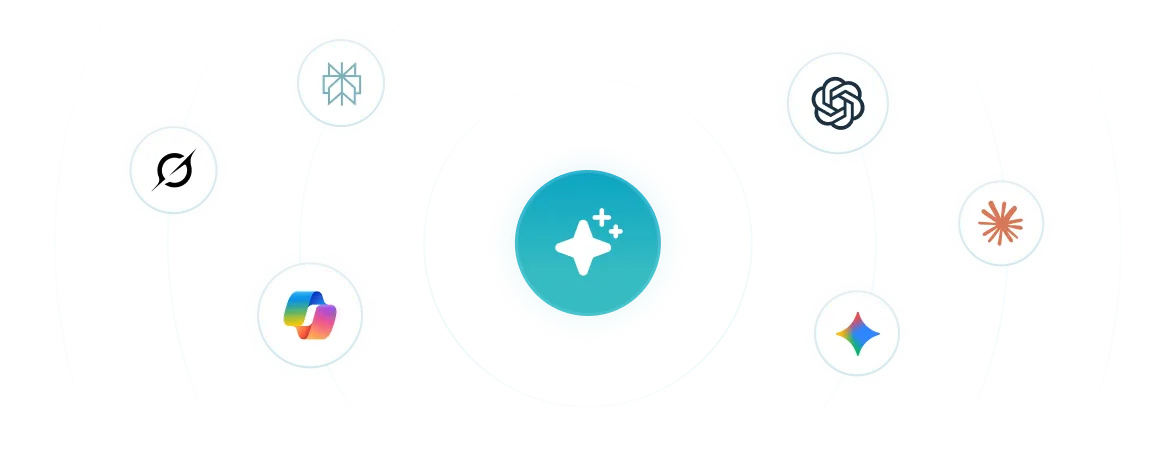 Central glowing star icon surrounded by six other company and technology logos arranged in a circular orbit pattern on a black background.